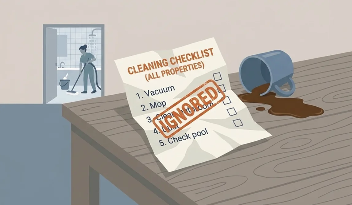 Crumpled paper cleaning checklist on a table next to a spilled coffee mug, with an IGNORED stamp across it